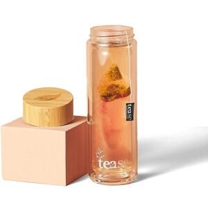 Tease 15oz Glass Tumbler w/Bamboo Lid, Stainless Steel Tea Strainer, Grey Sleeve